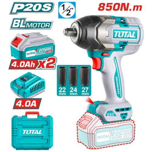 Акумулаторен ударен безчетков гайковерт 1/2″ 850 Nm TOTAL TIWLI2085E