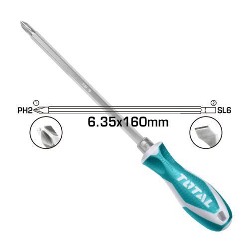 Отвертка 2в1 PH2 + SL6 x 160 мм TOTAL THT250206