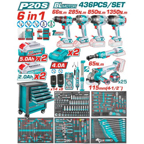 Количка с акумулаторни и ръчни инструменти 436 части TOTAL THPTCS84362E